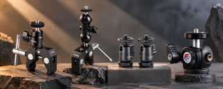 Camera tripod ball heads, mini accessory ball heads and clamp-mounted articulating arms