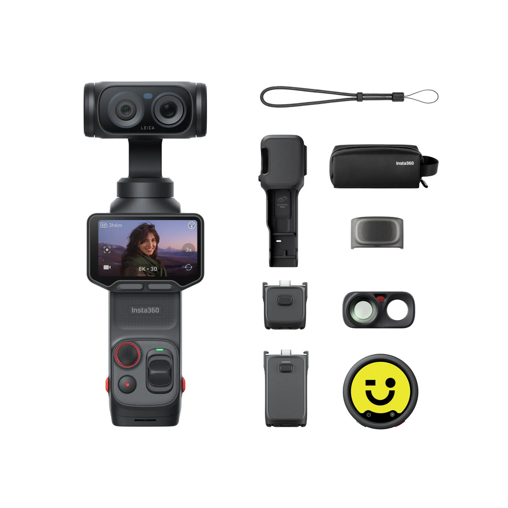 Insta360 Luna Ultra Creator Bundle Cosmic Black front view showing dual-lens system and detachable OLED screen