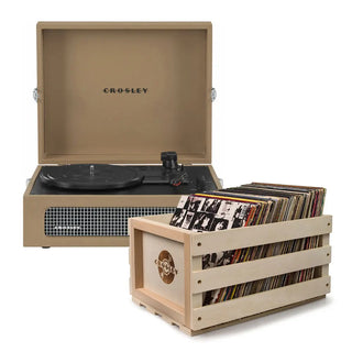 Crosley Voyager Bluetooth Portable Turntable + Bundled Record Storage Crate - Tan Crosley