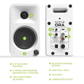 Kanto ORA4 140W Powered Reference Speakers with USB-C Input and Bluetooth - White, Pair Kanto
