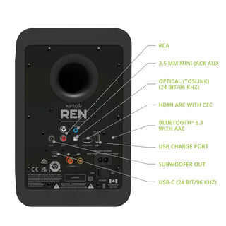 Kanto REN 200W Powered Bookshelf Speakers with HDMI ARC, USB-C, and Bluetooth 5.3 - Matte Black, Pair Kanto