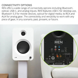 Kanto REN 200W Powered Bookshelf Speakers with HDMI ARC, USB-C, and Bluetooth 5.3 - Matte White, Pair Kanto
