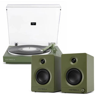 Victrola Automatic Turntable + Victrola Tempo Bookshelf Speakers Bundle - Green Victrola